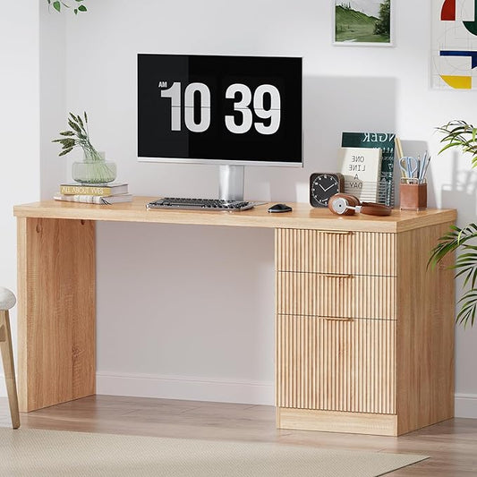 60'' Fluted Executive Desk with Drawers,Wood Home Office Desk with Storage Modern Fluted Computer Writing Desk for Study, Living Room, Bedroom,Natural Oak