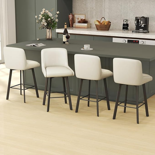 Swivel Bar Stools, 26''H Upholstered Barstools with Backs, Modern Counter Height Bar Stool Chairs for Kitchen Island, Metal Legs (Beige- Faux Leather, Set of 4-26" H)