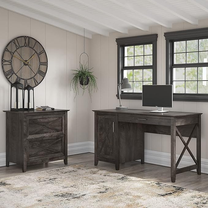 Bush Furniture Key West 54W Computer Desk with Storage and 2 Drawer Lateral File Cabinet in Dark Gray Hickory