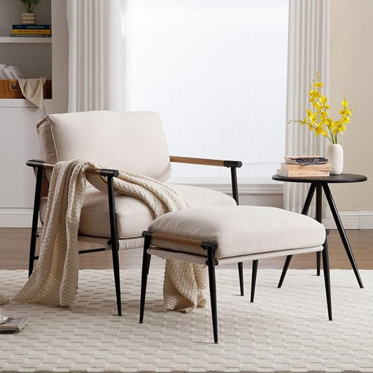 LukeAlon Mid-Century Chenille Accent Chairs with Ottoman Set of 2, Soft Living Room Chairs with Metal Legs Modern Upholstered Armchairs Lounge Chair with Footstool for Bedroom Reading Room, Beige