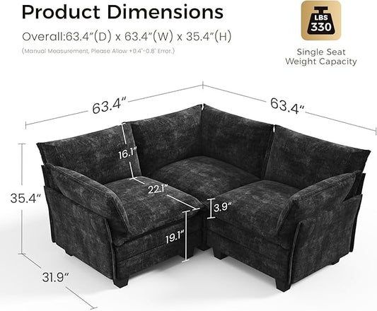 KKL Modular Sectional Sofa, V-Shaped 3 Seater Cloud Couch with Ottoman, Chenille Modern Sectional Couches for Living Room, Apartment Black