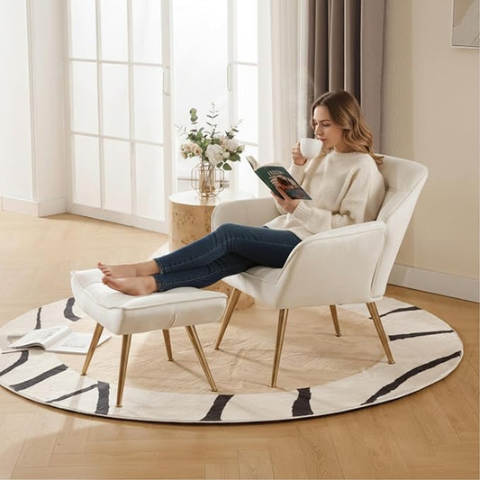 Small Accent Chair with Ottoman, Velvet Upholstered Lounge Chair with Footrest, Comfy Reading Armchair with Gold Legs for Living Room Bedroom, Beige