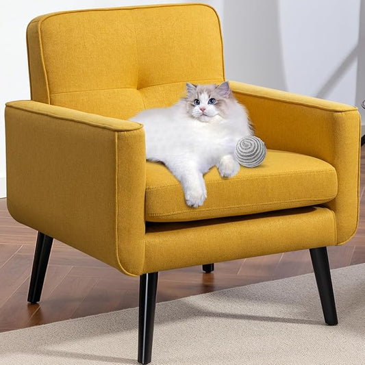 Mid Century Accent Chair, Fabric Modern Chair with Wooden Frame, Cozy Armchair Reading Chair with Comfy Back for Apartment, Living Room, Bedroom, Waiting Room, Small Space, Corner, Yellow