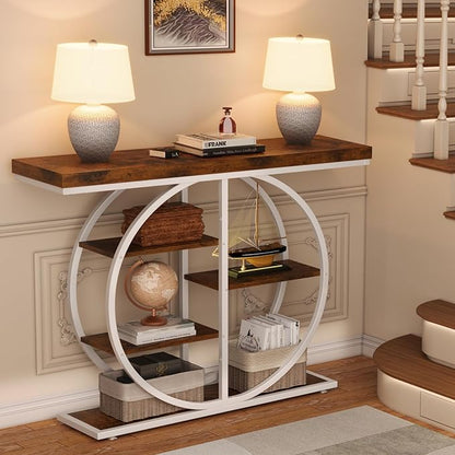 41.3" Console Table for Entryway, Industrial Hallway Sofa Table with Storage Shelves, Narrow Accent Decor Living Room Furniture with Circle Base for Foyer, Entrance, Brown White
