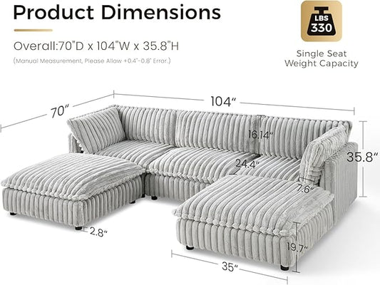 KKL Modular Sectional Couch for Living Room, U Shaped Corduroy Couches with 2 Ottomans, 5 Seater Oversized Sofa Convertible to L Shaped, Soft Fabric Modern Sofa, Grey