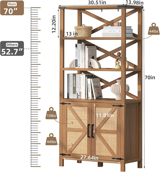 5 Tier Bookshelf 70" Rattan Boho Tall Bookcase with Barn Doors,Farmhouse Display Book Shelf with Adjustable Shelves and Storage Cabinet,Wood Bookshelves for Living Room,Kitchen,Natural (2PCS)