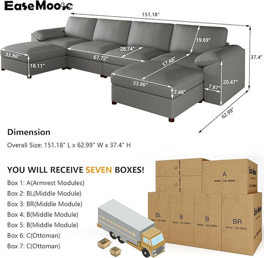 EASE MOOSE Leather Sectional Couch, Oversized Modular Sectional Sofas, Wide Deep Seat Modular Couch, Scratch Resistant Faux Leather Material, U Shaped Sofa for Big Spaces,Grey