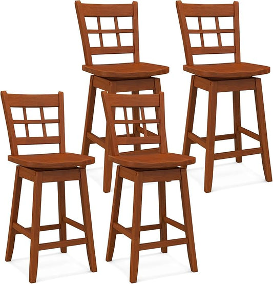 COSTWAY Swivel Bar Stools Set of 4, 24.5 Inch Counter Height Bar Chairs w/Hollow Backrest & Contoured Seat, Wooden Barstools w/Footrest for Kitchen Island, Pub, Bistro, Cafe (4, Walnut)