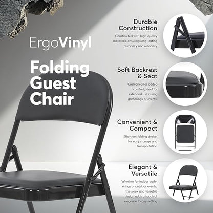 Oline Vinyl Folding Chairs, Padded Vinyl Cushion Chairs with Durable Metal Frame, Indoor Outdoor Stackable Foldable Guest Chairs for Office Wedding Kitchen Dining, 300lb Capacity (Black, 2 Pack)
