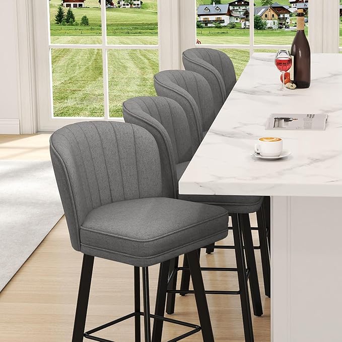 Swivel Counter Height Bar Stools Set of 2, 30'' Modern Barstools with Backs and Metal Legs, Upholstered Bar Chairs,Mid-Gray,Fabric Stools for Kitchen Island Chairs