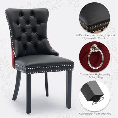 Leather Upholstered Dining Chairs Set of 8, Modern Style Kitchen Side Chairs with Nailhead Trim and Wood Leg, Metal Pulling Ring for Dining Room Living Room(Black&Wine Red)