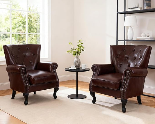 Modern Accent Chair Set of 2, Mid-Century PU Leather Armchair with Solid Wood Legs, Single Sofa Chair for Living Room, Bedroom, Leisure Room, or Reading Room(Reddish Brown)