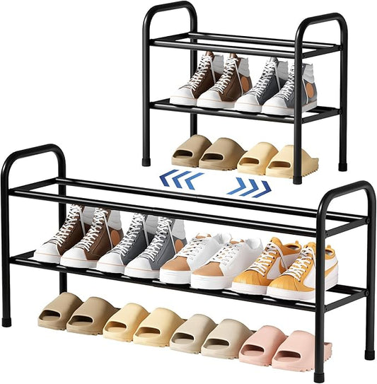 Kitsure Extendable Shoe Rack - 2-Tier Adjustable Metal Shoe Organizer, Sturdy Rust-Resistant Shoe Shelf for Entryway, Closet, or Bedroom, 17.5"–32.6" x 9.1" x 15.4", Black