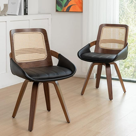 Set of 2 Kitchen & Dining Room Chairs - Swivel Dining Chairs with Cane Back, Walnut Bentwood Frame, Faux Leather Seat, Arms, Versatile for Conference/Kitchen/Restaurant/Living Room (Walnut Black)