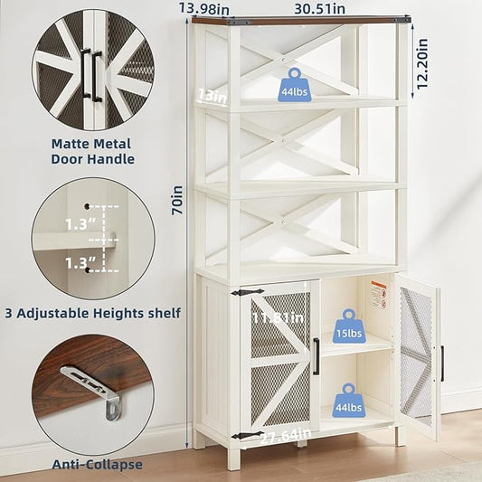 5 Tier Bookshelf 70" Tall Bookcase with Barn Doors,Large Farmhouse Display Book Shelf with Adjustable Shelves and Storage Cabinet，Library Wood Bookshelves for Living Room,Kitchen,White(2PCS)