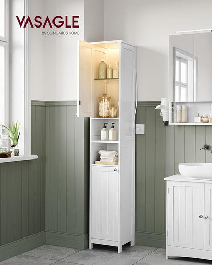 VASAGLE Tall Storage Cabinet with Lights, Slim Freestanding Cabinet with Adjustable Shelves, for Small Spaces, Bathroom, Living Room, Modern, 11.8 Inches Wide, Cloud White UBBC566W02