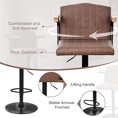 VECELO Bar Stools Set of 2, Adjustable Upholstered Swivel Barstools, Modern Counter Height Bar Stools with Back and Footrest, Island Chairs for Kitchen, Dining Room, Bar