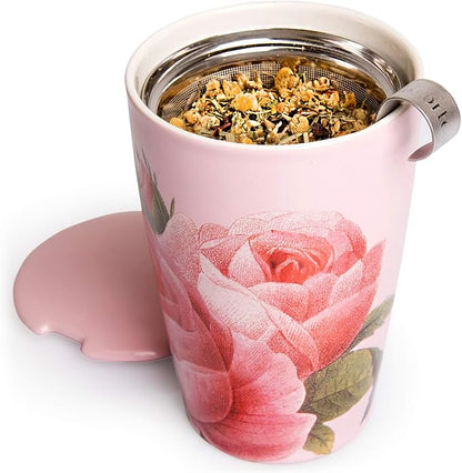 Tea Forte Double-Walled Ceramic Kati Cup, Removable Stainless Steel Infuser Basket and Lid, Steeps 12 oz Loose Leaf Tea, Dishwasher & Microwave Safe, Jardin