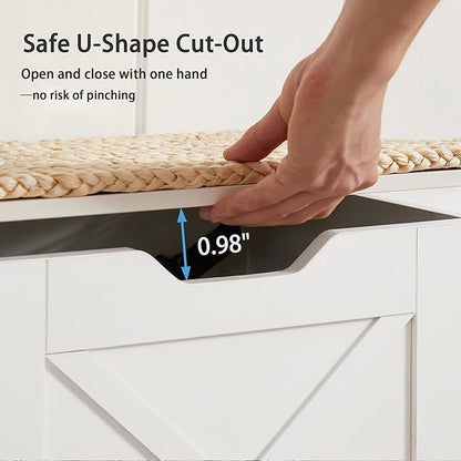 VECELO 43.3" Storage Bench, Entryway Shoe Ottoman, Farmhouse Style Bench with Handwoven Cushion and Metal Safety Hinges, for Bedroom, Living Room, Entryway, White