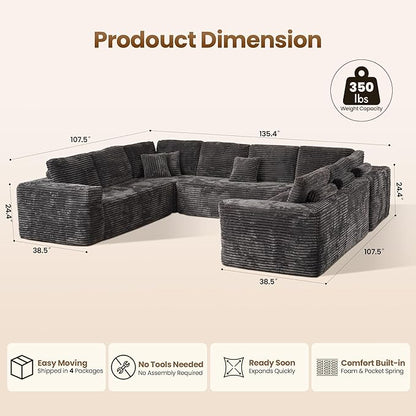Cloud Sectional Couch with Loveseat, Boneless U-Shaped Cloud Couch with Deep Seat, Soft Plush Modern Minimalist Sofa, Assembly Free Modular Floor Sofa for Office Living Room Apartment, Grey