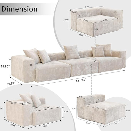 WJShome Modular Sectional Sofa Couch,141.73inch Oversized 3 Seater Sofa,Upholstered with Corduroy Fabric Couches with 5 Pillows,Cushion Covers Removable& Washable