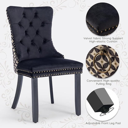 Velvet Upholstered Dining Chairs Set of 8, Modern Style Kitchen Side Chairs with Nailhead Trim and Wood Legs,Metal Pulling Ring for Dining Room Living Room(Quadrangular Star&Black)