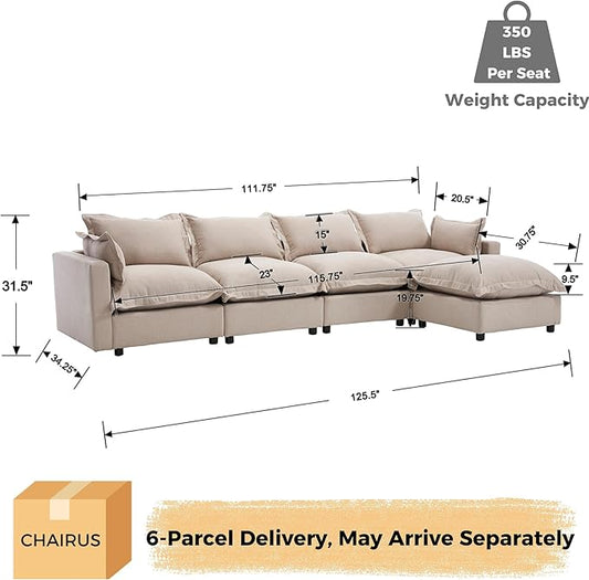 chairus 126" Modular Sectional Sofa with Moveable Ottoman Upholstered Deep Seat Linen Couch Set with Soft Pillows L-Shape Sofa Couch for Living Room, Apartment, Reception Room, 4-Seater/Oatmeal