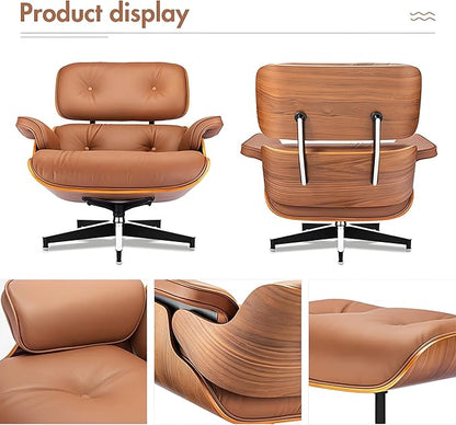 Top Grain Leather, Mid Century Chaise Lounge Chair and Ottoman, Modern Chair Classic Design, Heavy Duty Base Support for Living Room Study Lounge Office, Walnut-Brown, Heightening
