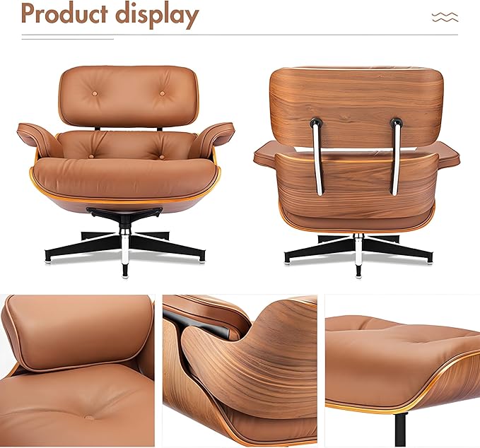 Top Grain Leather, Mid Century Chaise Lounge Chair and Ottoman, Modern Chair Classic Design, Heavy Duty Base Support for Living Room Study Lounge Office, Walnut-Brown
