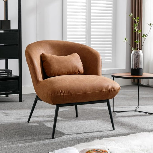 HEAH-YO Modern Accent Chair Set of 1, Living Room Chair with Barrel Backrest, Upholstered PU Faux Leather Armless Side Chair with Metal Legs for Bedroom, Brown