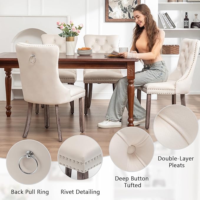 Velvet Dining Chairs Set of 2, Tufted Dining Room Chairs with Nailhead Ring Pull Trim, Upholstered Dining Chairs with Solid Wood Legs for Kitchen Dining Room (Beige)