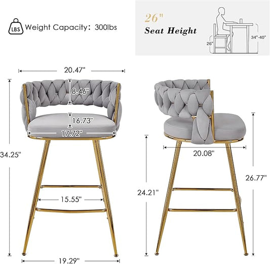 VECELO Bar Stools Set of 2, Counter Height Bar Stools, 26 inch Seat Barstools with Woven Back and Footrest for Kitchen Island Counter, Grey