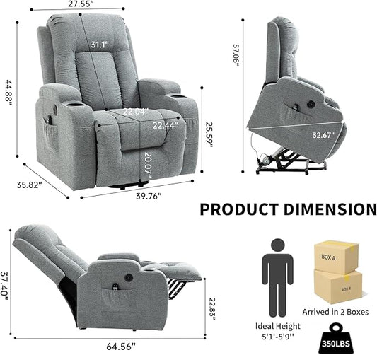 PELUMY Manual Lift Recliner Chair for Elderly with Massage & Heat, Oversized Heavy Duty 350 lbs Recliner with Cup Holders & USB Ports, Infinite Positioning Lift Chair for Adults (Linen Fabric, Grey)