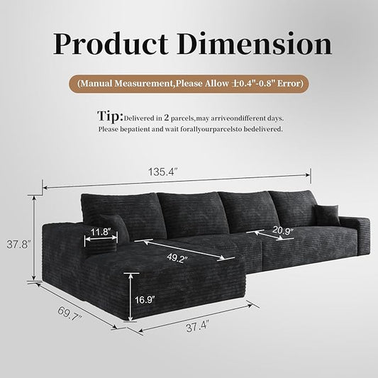 135.4'' Oversized Cloud Sofa Sectional Couch, Boneless Couch with L-Shape Chaise, Upholstered Compression Modular Sectional Sofa for Living Room, No Assembly Required (Black, Left Facing Chaise)