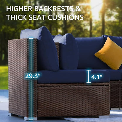 NICESOUL 6 Piece L-Shaped Outdoor Couch with Fireplace Natural Gas/Propane, 29.3'' High Back Wide Seat Patio Conversations for Outside, Oversized Comfy Sectional Furniture Set, Brown/Blue