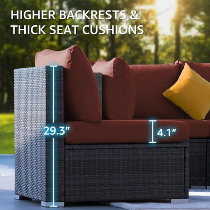 NICESOUL Backyard Furniture Set with Firepits Natural Gas/Propane, 9 Seater XL Oversized Wicker Sectional Couches, 29.3'' High Back Comfy Deep Wide Outdoor Patio Sofa Set, 2 Color Cushion Red & Gray