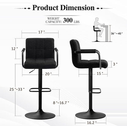 Furniliving Adjustable Bar Stools with Armrest, Square Back Sherpa Fabric Hydraulic Kitchen Counter Bar Stool, Luxurious Swivel Double Stitching Bar Chairs,Set of 2