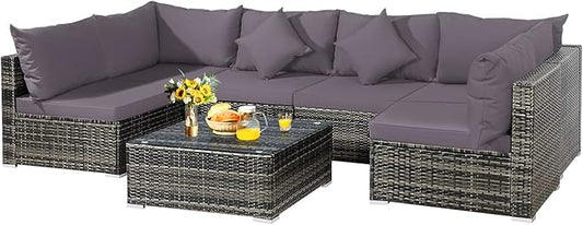 Tangkula 7 Pieces Patio Rattan Furniture Set, Patiojoy Outdoor Conversation Set with Cushions and Tempered Glass Coffee Table, All-Weather Sectional Sofa Set for Garden, Lawn, Backyard (Grey)