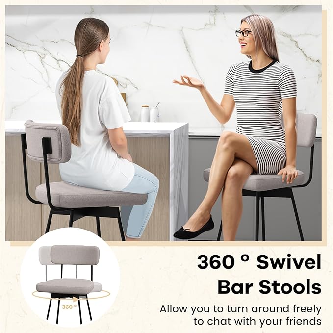 COSTWAY Bar Stools Set of 2, 29” Upholstered Bar Height Chairs with Back, 360° Swivel Bar Chairs with Heavy-Duty Metal Legs and Footrests, Fabric Seat for Kitchen Island, Dining Room, Bar (2, Beige)