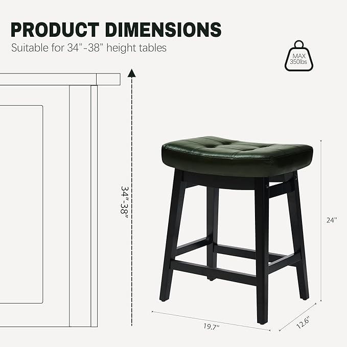 Counter Height Bar Stools Set of 3 for Kitchen Counter Farmhouse Modern Barstools with Faux Leather Upholstered Backless Seat and Solid Wood Legs 24 inch Bar Chairs, Green + Black