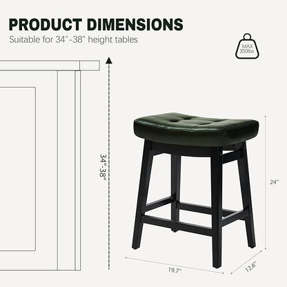 Counter Height Bar Stools Set of 3 for Kitchen Counter Farmhouse Modern Barstools with Faux Leather Upholstered Backless Seat and Solid Wood Legs 24 inch Bar Chairs, Green + Black