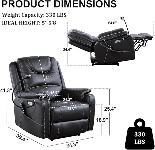Zero Gravity Power Recliner Chairs for Adults 139°Single Sofa Chair Massage and Lumbar Heating with USB Port, Phone Holder, Side Pocket, Eco Leather(Black)