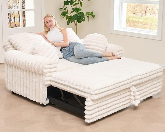 Belffin Upholstered Chaise Lounge Pull Out Sofa Bed with Pillows Couch Bed Sofa Pull Out Couch Sleeper Chair with Rolled Armrests for Living Room Plush Corduroy (White)