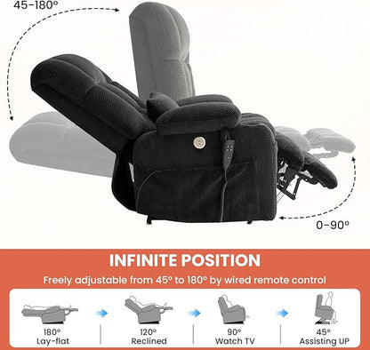 Power Lift Recliner Chair for Adults Oversized Infinite Position Lift Chair for Elderly W/Massage & Heat, Lay Flat Recliner, One-Touch Reset, Cup Holders, Lumbar Pillow, Fabric (Premium, Light Grey)