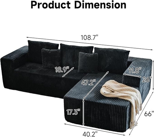Upgrade 108’’ L Shape Cloud Couch, Plush Corduroy Sectional Sofa with Chaise, Boneless Couches for Living Room Bedroom, No Assembly Required (Black, Right Facing Chaise)