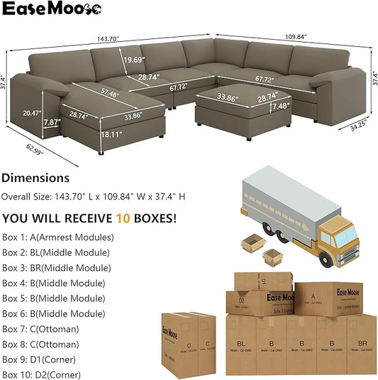 EASE MOOSE Modular Sectional Sofa, Oversized Faux Leather Sectional with Ottoman, Wide Deep Modular Couch, Scratch Resistant Faux Leather Material, U Shaped Couch for Big Spaces, Light Grey