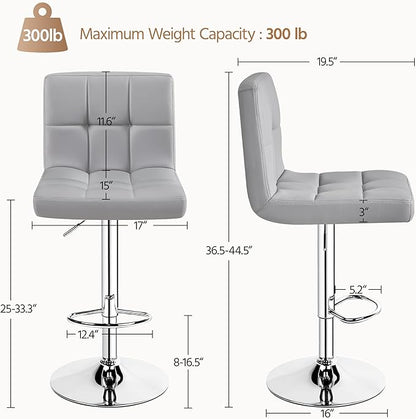 Yaheetech Bar Stools Set of 3, Adjustable PU Leather Swivel Barstools, Modern Counter Stools with Back and Footrest, Counter Height Barstools for Bar, Kitchen, Dining Room, Light Grey