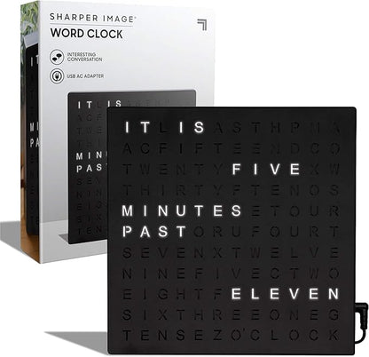 Sharper Image LED Word Digital Clock, 7.75", Black Finish, Light-Up Desk & Wall Clock, Modern Time Display, Shelf or Wall Decor for Home Office, Living Room, Kitchen & Bedroom, Housewarming Gift