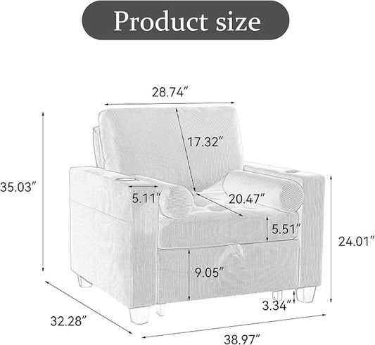 Convertible Sleeper Chair Bed, Comfy Corduroy Single Futon Sofa Chair with Pull Out Bed, 3-Levels Adjustable Backrest Accent Chair with Side Pockets, Cup Holder & USB Ports for Living Room, Bedroom