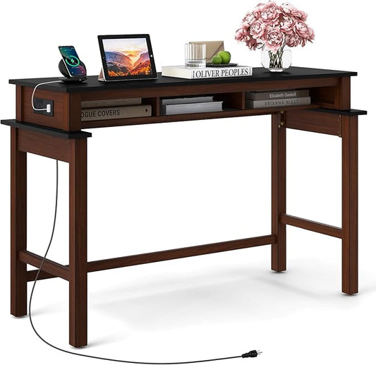 COSTWAY Bar Table with Charging Station, 36” Counter Height Table w/ 3 Storage Compartments, Power Outlets, Modern Farmhouse Console Table for Kitchen, Living Room, Entryway (Black + Walnut)